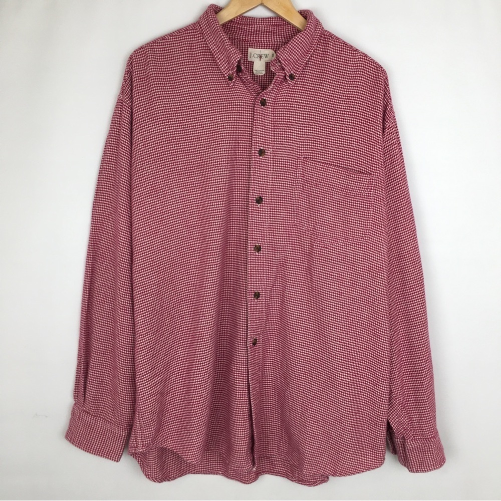 Vintage J. Crew Men’s Plaid Flannel Button Down Shirt Red White Casual Size XL